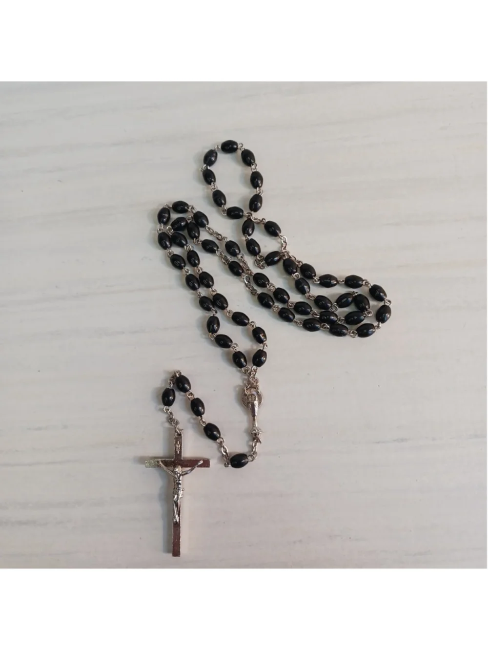 Vintage Silver Black Bead Prayer Rosary Catholic INRI With Pouch
